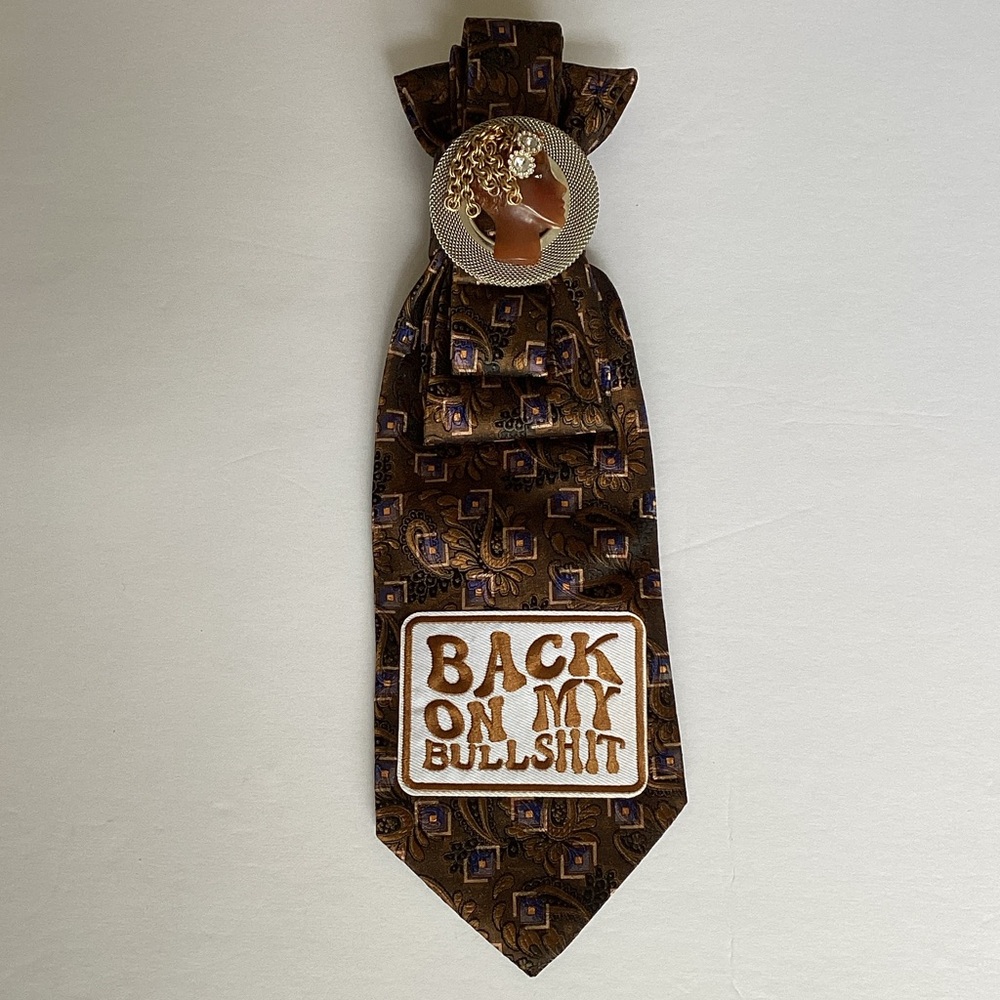 Positive Vibe Junkie Tie: Brown Patterned Tie with Vintage Pin and Bold Patch